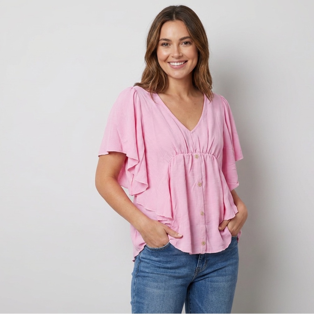 NWOT Haptics Light Pink Flutter-Sleeve V-Neck Button Front Blouse